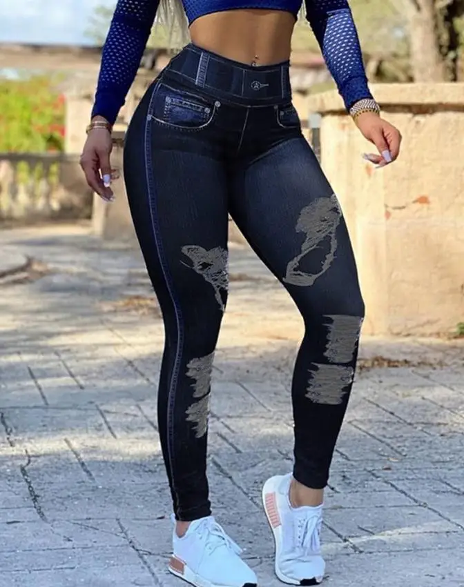 Women Sports Trousers 2024 Spring Summer Latest Denim Pattern Print High Wait Butt Lift Leggings Pants Fashionable Active Pants