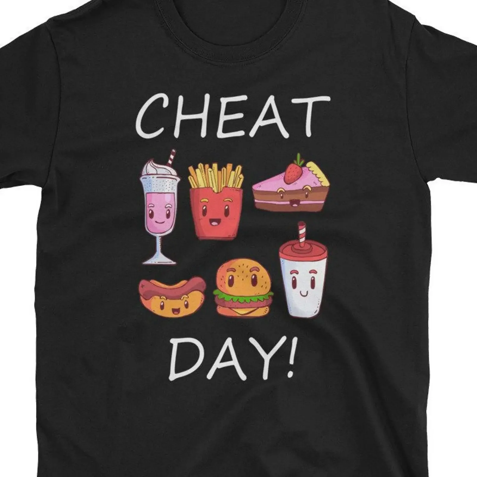 Cheat Day T Shirt Funny Fast Food Junk Burger Fries Milkshake Cake vintage Washed Comfortable Stylish Unisex Casual Breathable