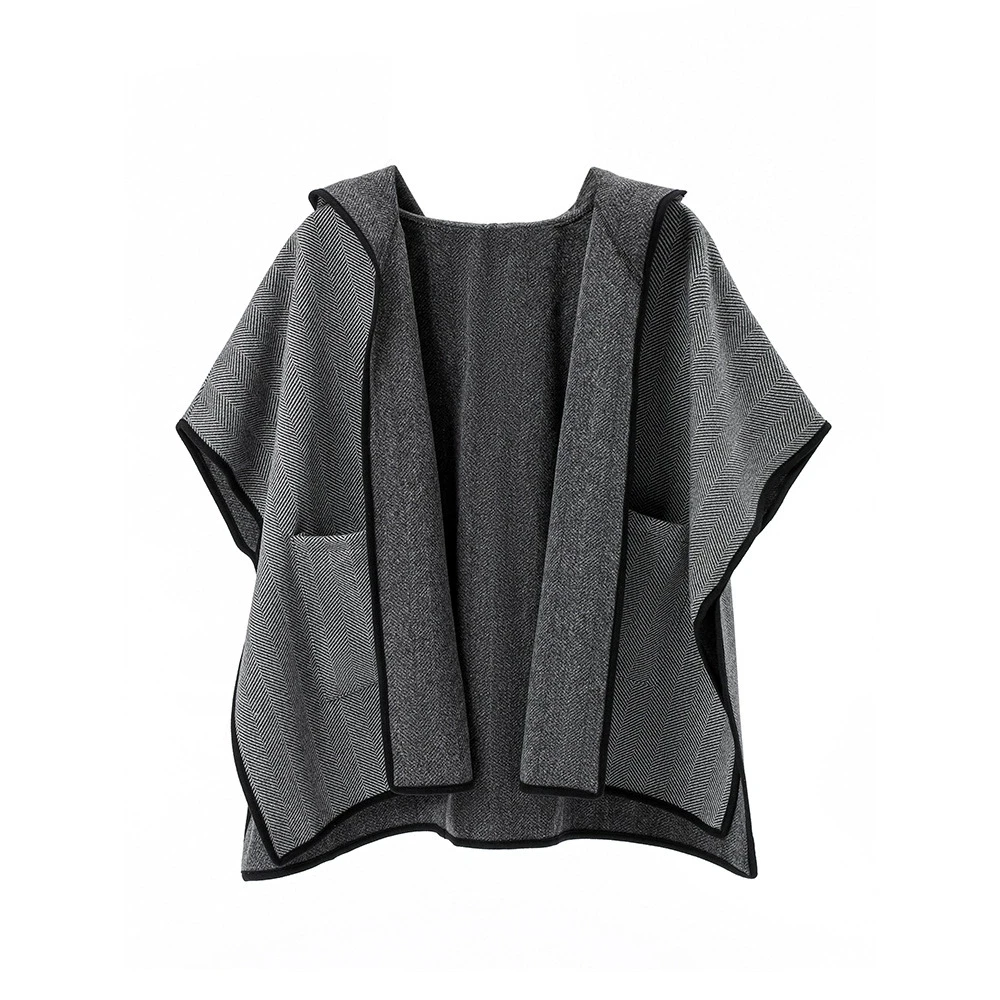 Mid-tot-high-end Europese en Amerikaanse herfst en winter nieuwe dubbelzijdige wollen visgraatpatroon sjaal met capuchon-GZXX740