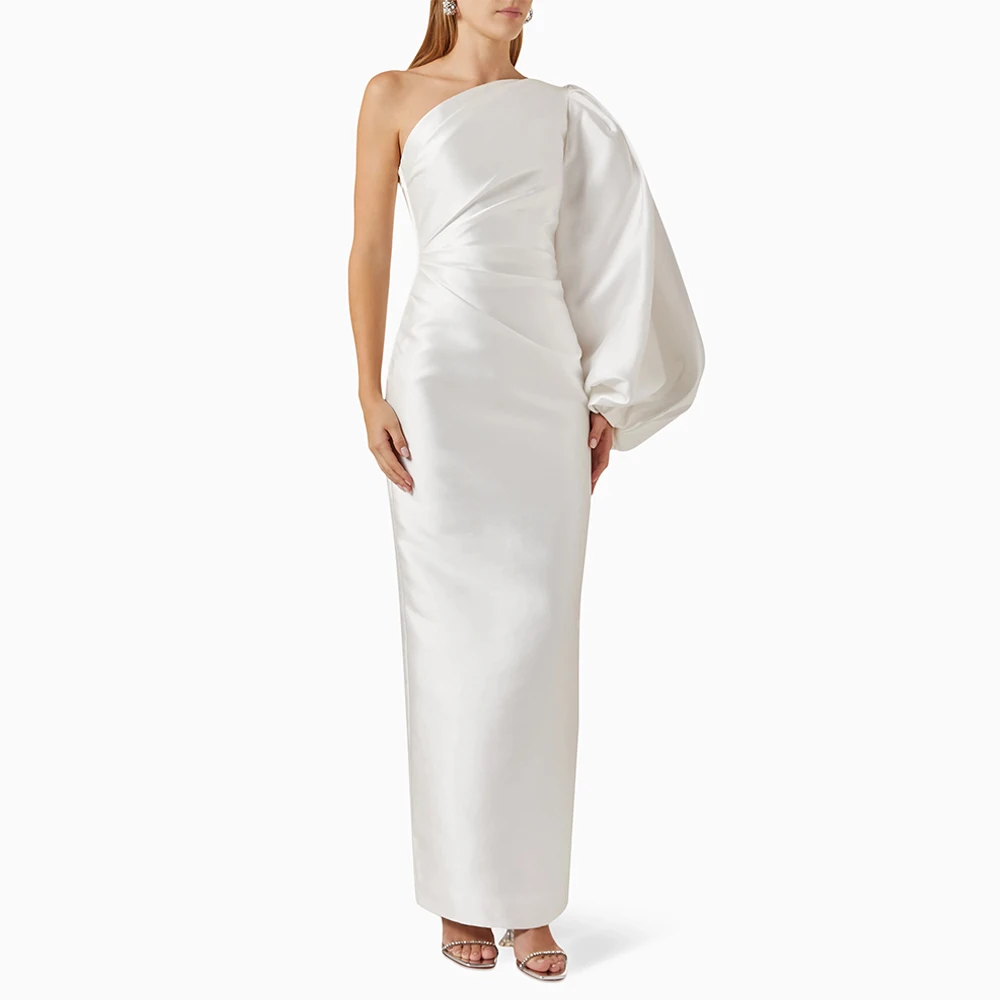 

Satin Wedding Party Dress for Bride One Shoulder Sheath/Column Evening Gowns for Women Long Puff Sleeves Formal Dresses Maxi