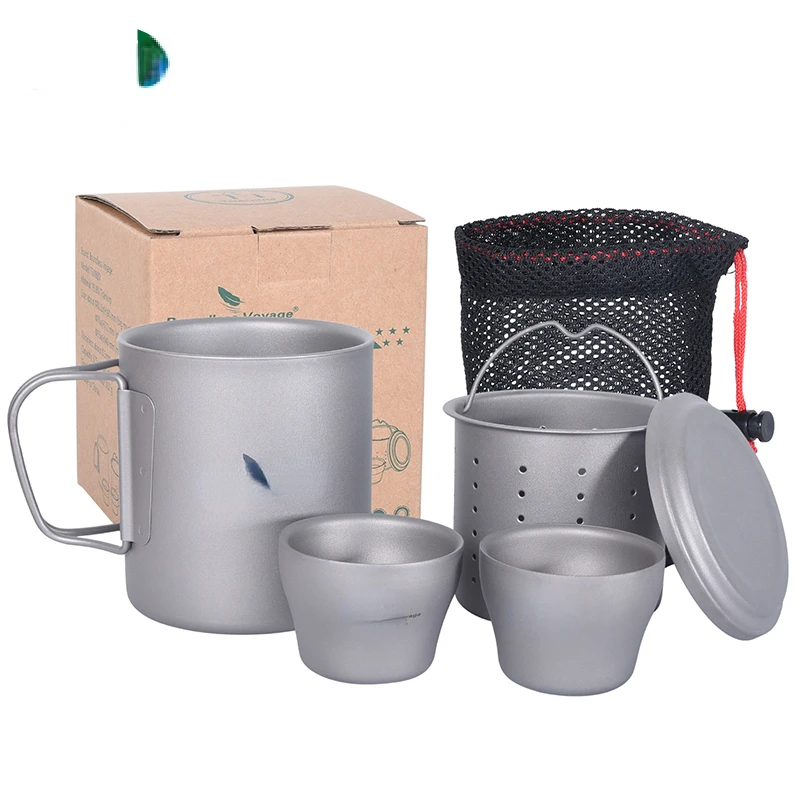 Boundless Voyage Titanium Double-wall Tea Mug & Mini Cups Set 330ml+2pcs 45ml Outdoor Camping Making Tea Pot Kettle Lightweight