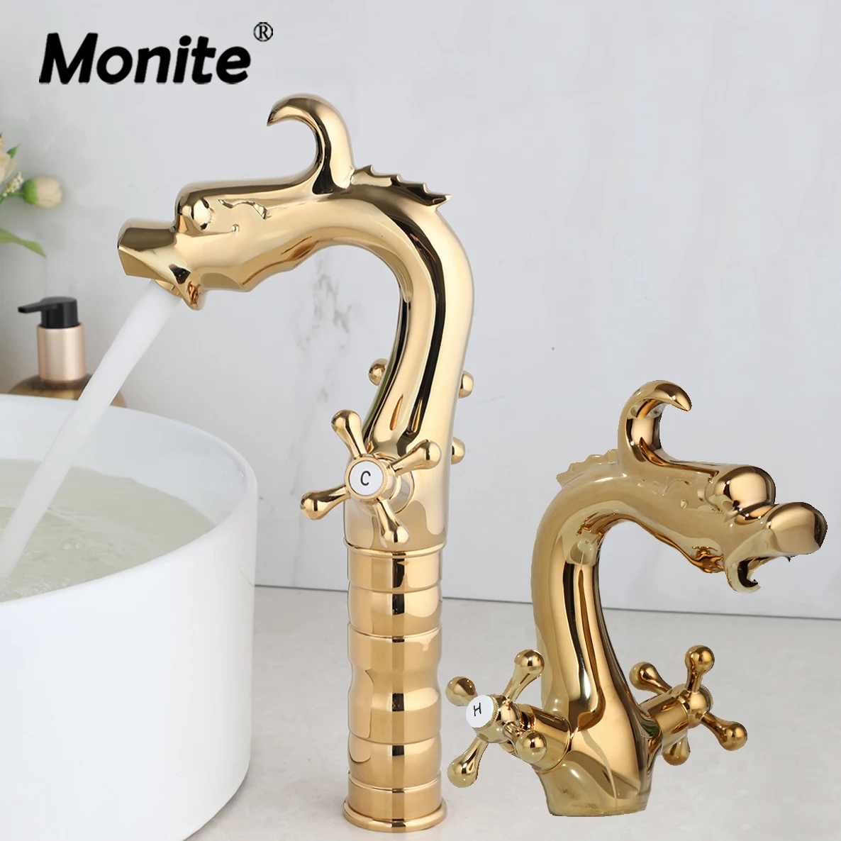 

Monite Dragon Design Fashion Bathroom Basin Faucet Tall & Short Double Handle Control Deck Mounted Hot And Cold Water Mixer Taps