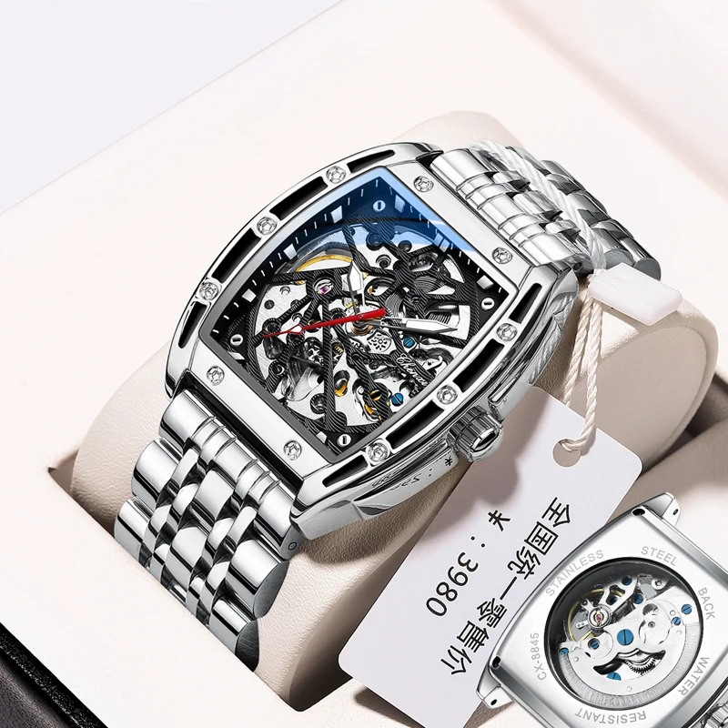 

Модные механические часы с Тонно-циферблатом, мужские водонепроницаемые светящиеся часы со скелетом из нержавеющей стали, мужские роскошные автоматические наручные часы