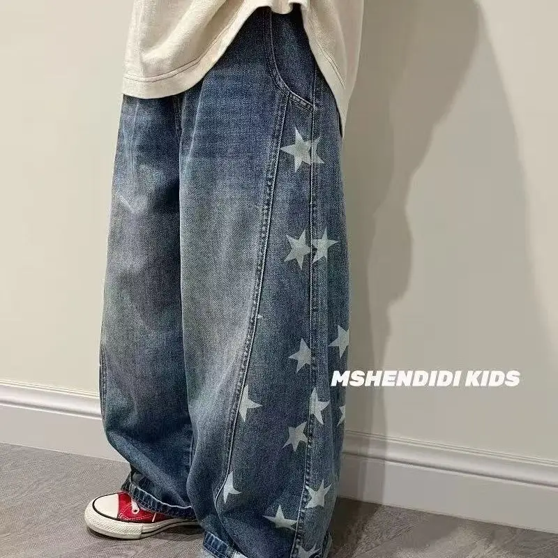 

Children's Jeans Spring Style American Side Split Star Print For Boys And Girls Retro Washed Distressed Curved Knife Pants