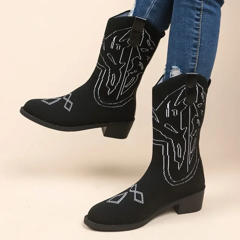 

Shoes for Women 2023 Winter New Slip-on Fashion Women's Mid-Calf Boots Square Heel Knitted Boots Ladies Zapatos De Mujer