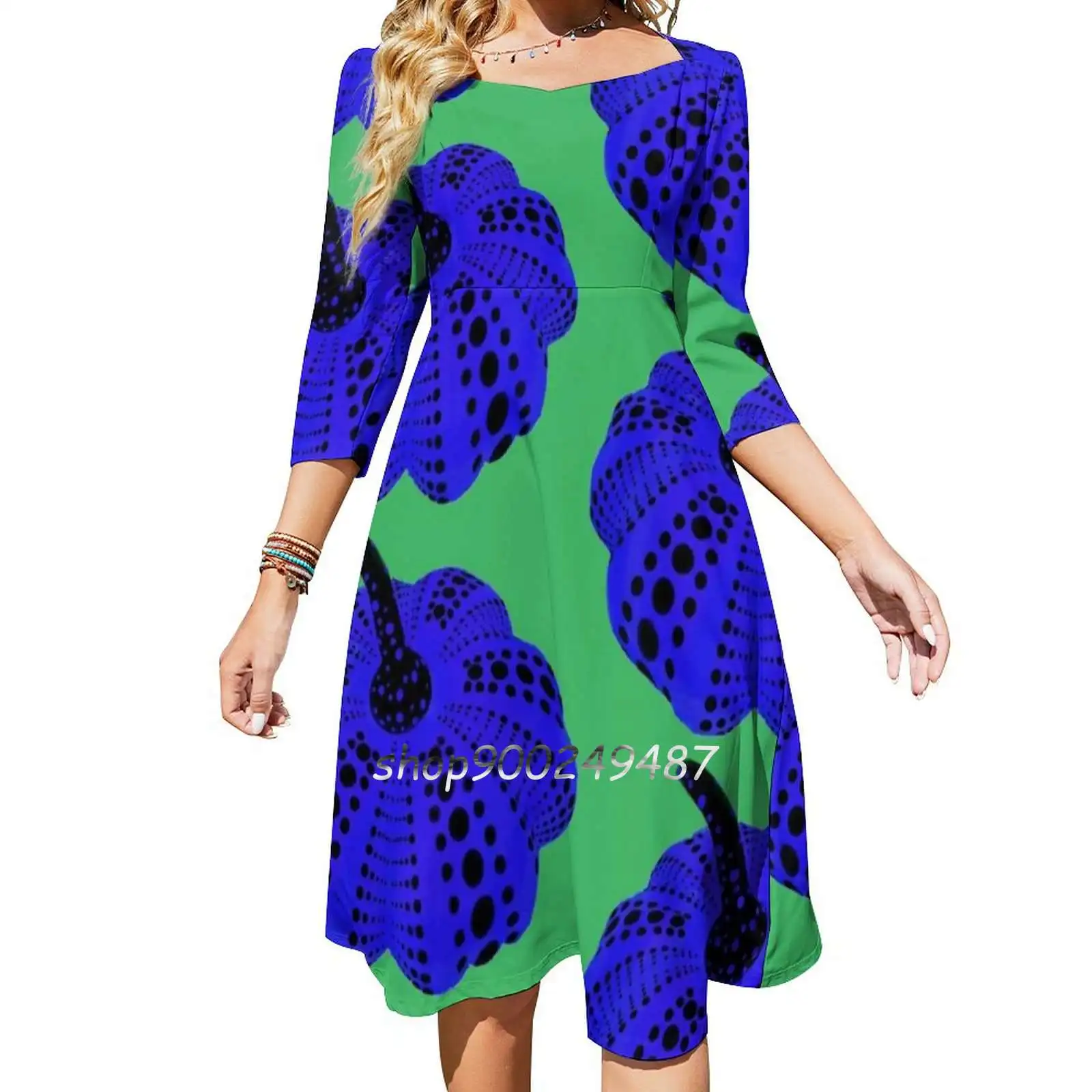 Polka Dot Pumpkin Sweetheart Knot Flared Dress Fashion Design Large Size Loose Dress Pumpkin Squash Dots Kusama Yayoi Crazy