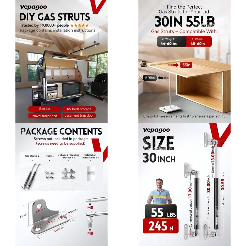 

Pair of Heavy-Duty 30 Gas Struts with Brackets for RV, Truck, and Storage Lid Support (44-60 lb)