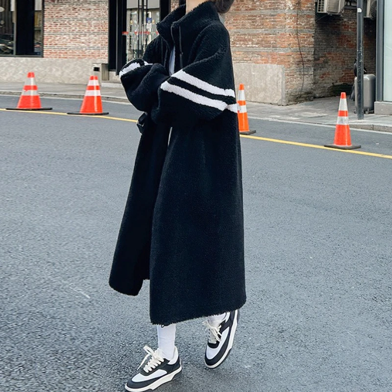 Women Faux Fur Coats Mid Length Coat Thick Warm Stand Collar Y2k Streetwear Elegant Splice Open Stitch Autumn Winter 2025