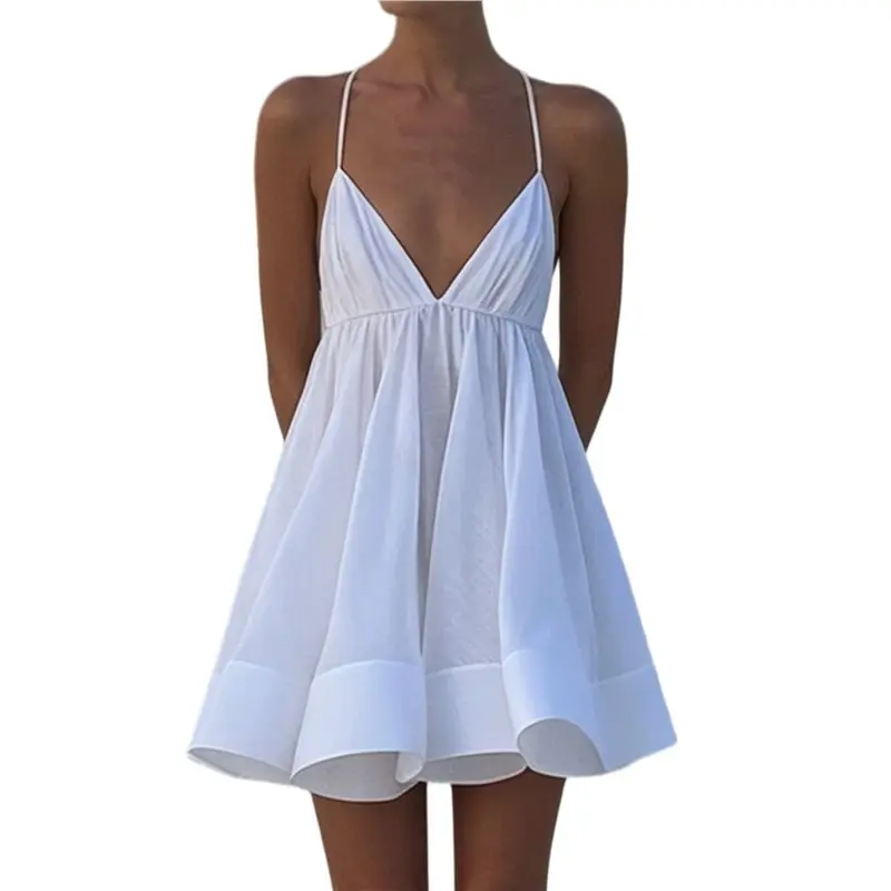 

CYL-Women's Halter Deep V Neck Backless Ruffle Sleeveless Mini Dress