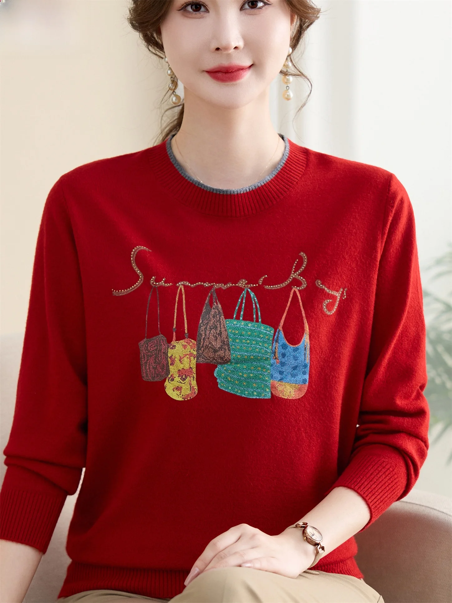 

Young Mom Knitted Thin Long Sve Loose Fit Women's Sweater Spring Autumn Faion ape Casual round Ne Top