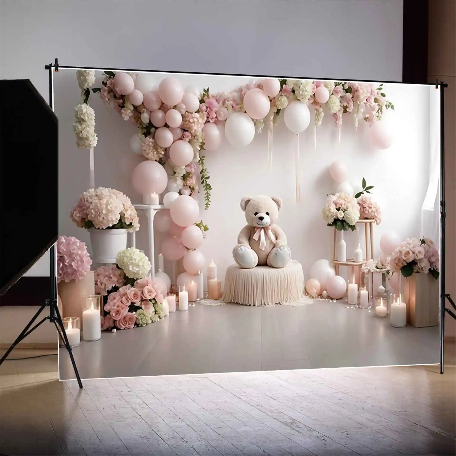 MOON.QG-telón de fondo con diseño de oso de peluche, accesorio de fotografía personalizado para fiesta de cumpleaños, guirnalda con globos florales para niña