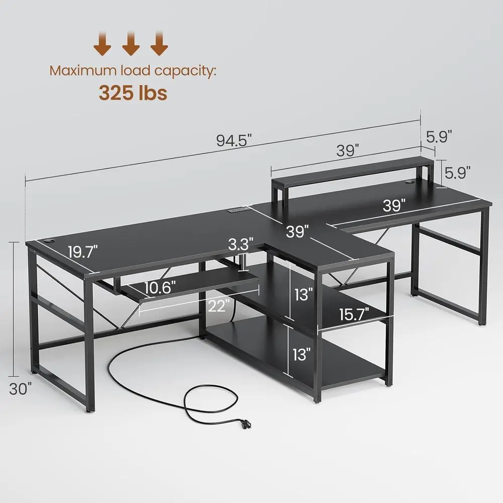 94.5 2 Person Gaming Desk with Storage, LED Lights, Keyboard Tray, Power Strip with USB & Monitor Stand, Long Two Person Desk or