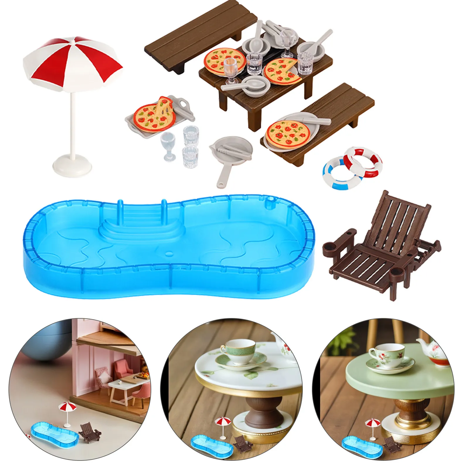 

2Sets Detailed Mini Beach Scene Kit Swimming Pool Swim Ring Beach Chair for Dollhouse Living Room Garden Miniature Decor