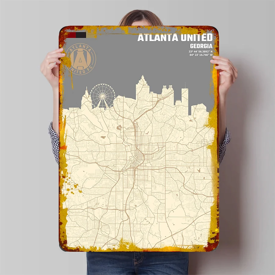 Карта города Атланты, Великобритания, ФК, Джорджия, металлический настенный декор с городским горизонтом и логотипом команды для футбольных болельщиков