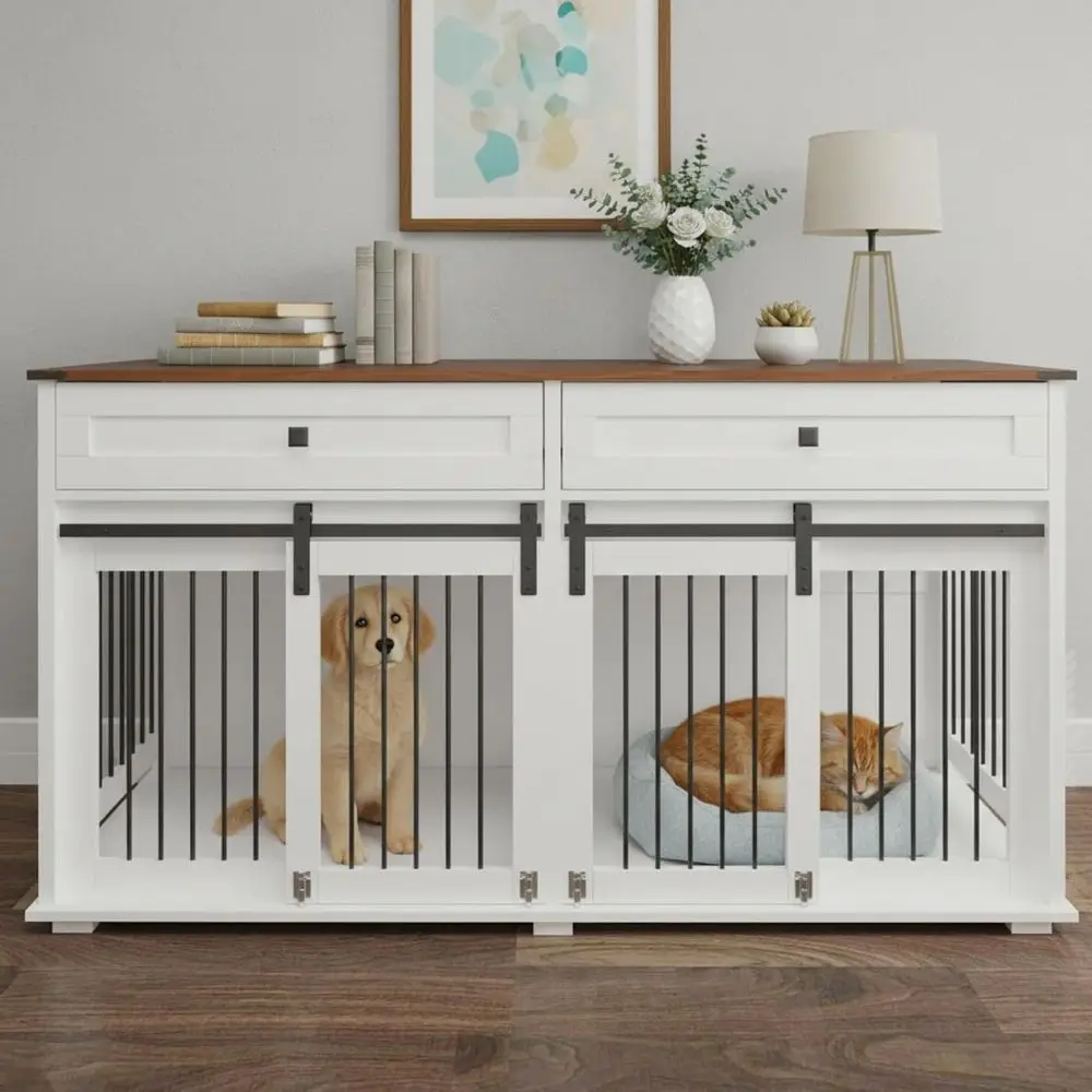 

63 Double-Deck Dog Crate Furniture, 2-in-1 Medium/Large Pet Kennel with Removable Divider & Sliding Door