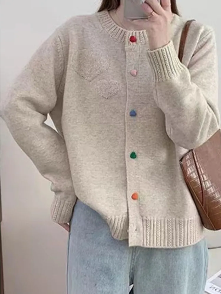 Lazy Round Neck Sweater Women\'s Versatile Autumn Winter Temperament Sweet Colorful Heart Button Fashion Knitted Cardigan Jacket