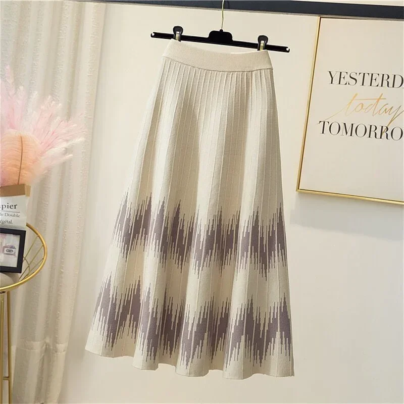 

Autumn Winter Women's Casual Geometric Pattern Knitted Skirt Harajuku Color Block Elastic High Waist New Swing Midi Skirts P605