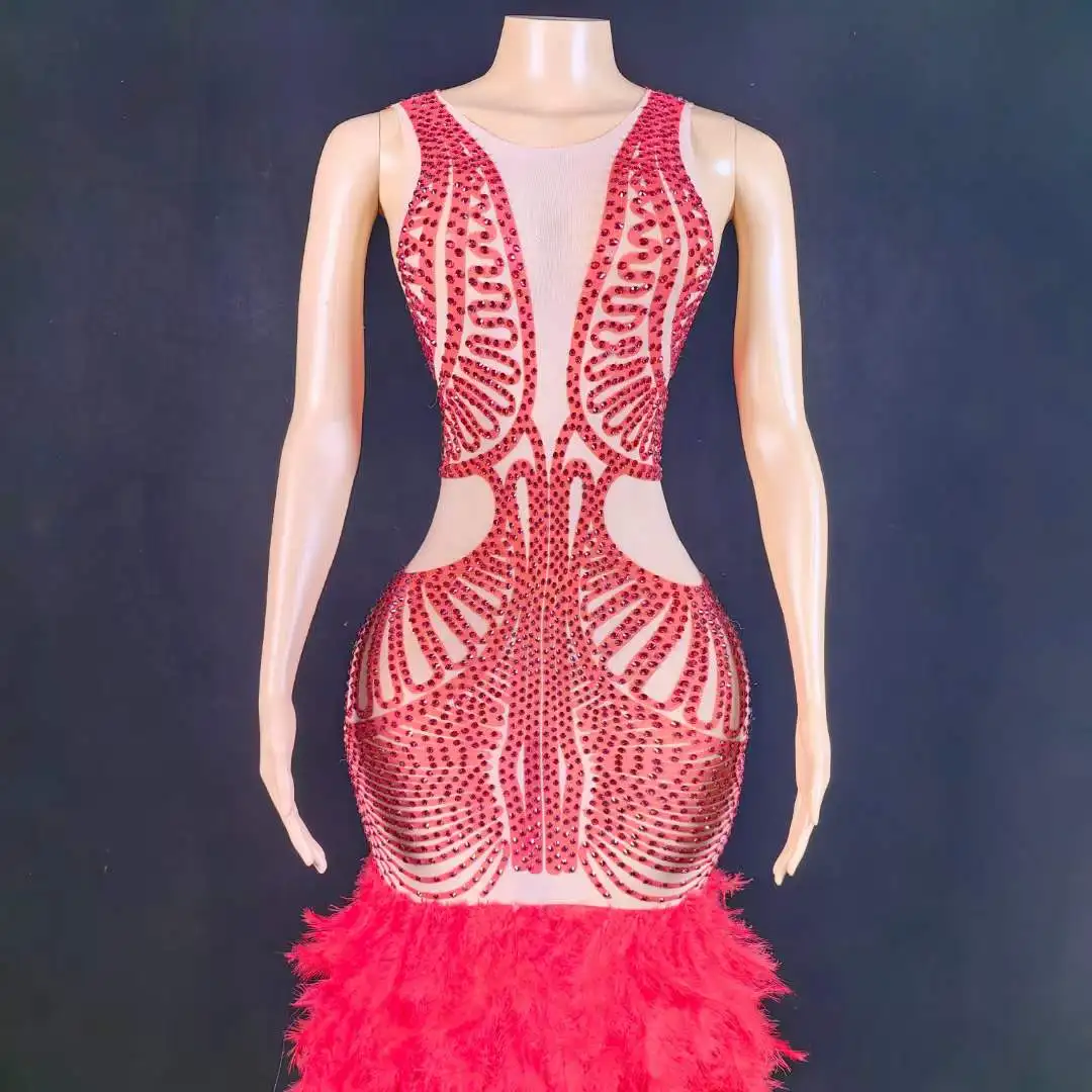 Luxury Red Rhinestone Feather Long Dress For Women Elegant Wedding Evening Night Out Birthday Queen Dresses Sleeveless