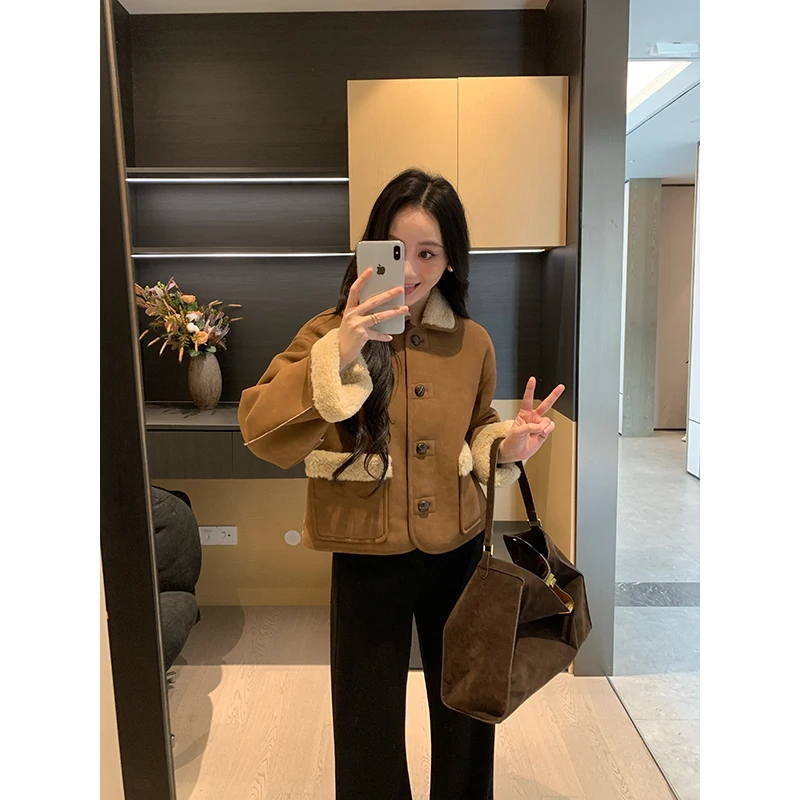 

XIN Caramel a Suede Double-Sided Wear Leather Fur Inteated Loose Women's Jaet Sli Slimming Commute Sle