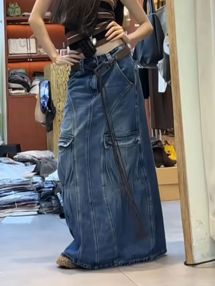 

Осенне-зимняя женская макси-джинсовая юбка-карго трапециевидной формы в стиле гранж, корейская юбка-карго с высокой талией 2000-х годов, японская юбка 2000-х годов Y2k Harajuku, киберпанк