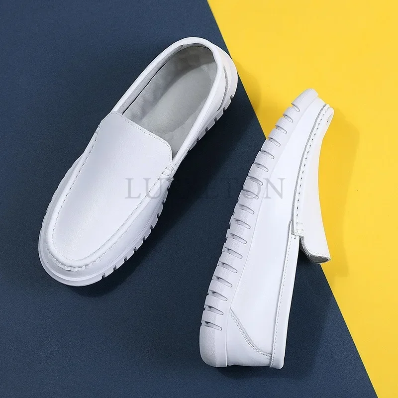 Genuine Leather Men Flat Bottomed White Breathable Doctor Soft Sole Anti Slip Hospital Shoes One Foot Pedal Small White Shoes