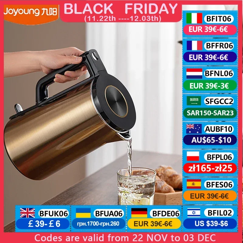 Joyoung Electric Kettle Double Layers Anti-Scalding 2L Stainless Steel Water Boiler 1800W Fast Heating Auto Power-off