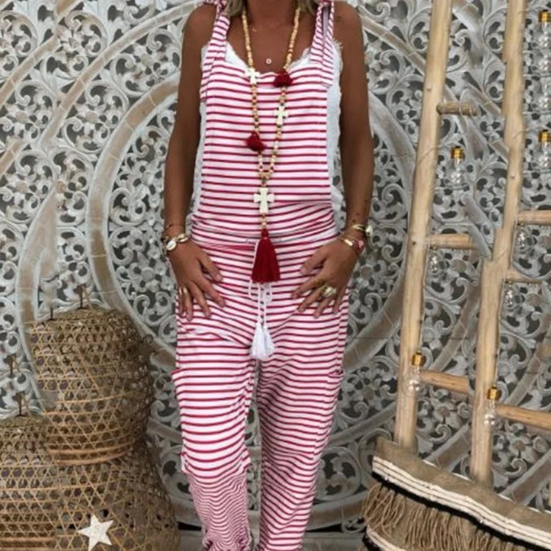 Women Tassel Drawstring Long oversized Jumpsuits 2023 Striped Print Pocket Overalls Summer Loose Casual Female Jumpsuit Stylish