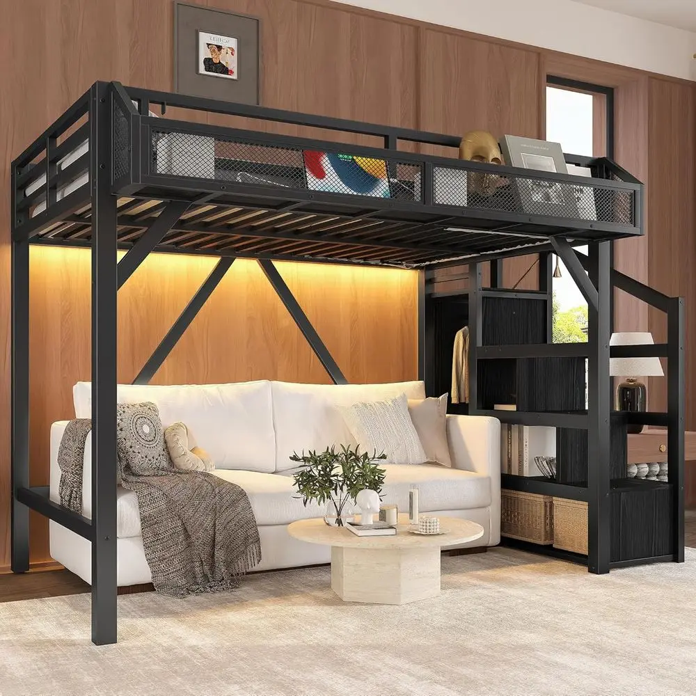 

Twin XL Lot Bed with Storage Stairs, Heavy Duty Metal Frame, LED Lights, USB Ports, Gaming Bed with Wardrobe and Under-Bed Stora