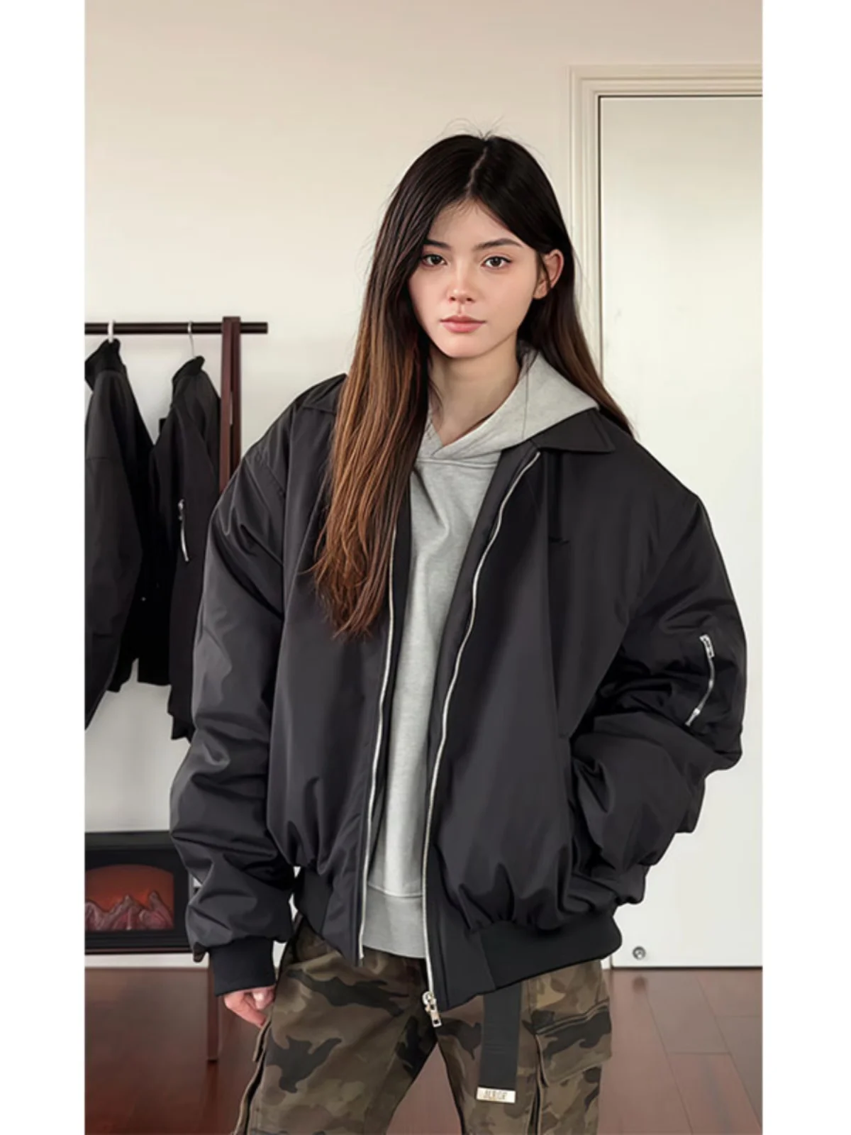 

American Sle ort Flight Jaet Cotton Workwear Men's Winter Thiened Baseball Collar Coat Warm Casual Long Sve Zipper