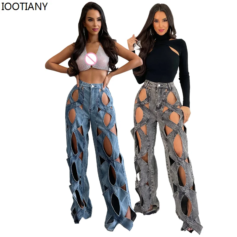 

New European And American Personality Twisted Hollow Women Jeans Stretch Sexy Denim Mopping Pants Loose Large Straight Trousers