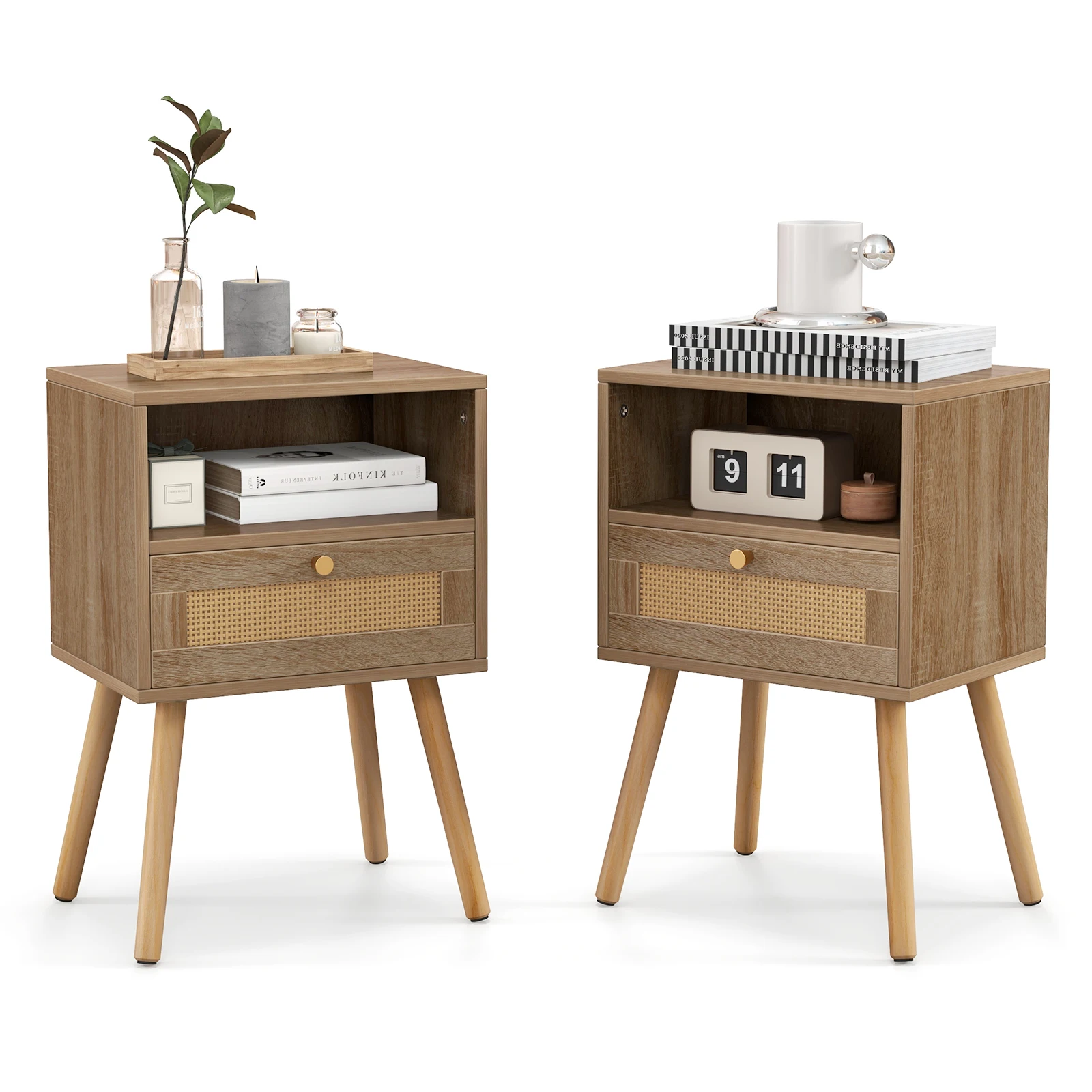 Rattan 2 Set Bedside Cabinet with Drawer & Open Compartment side table table with Solid Wood legs Night chest of drawers