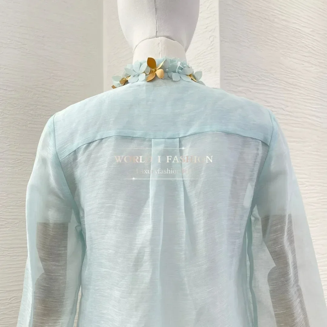 

High Quality Blue Flowers Appliqued At Neck Long Sleeve Blouse Tops