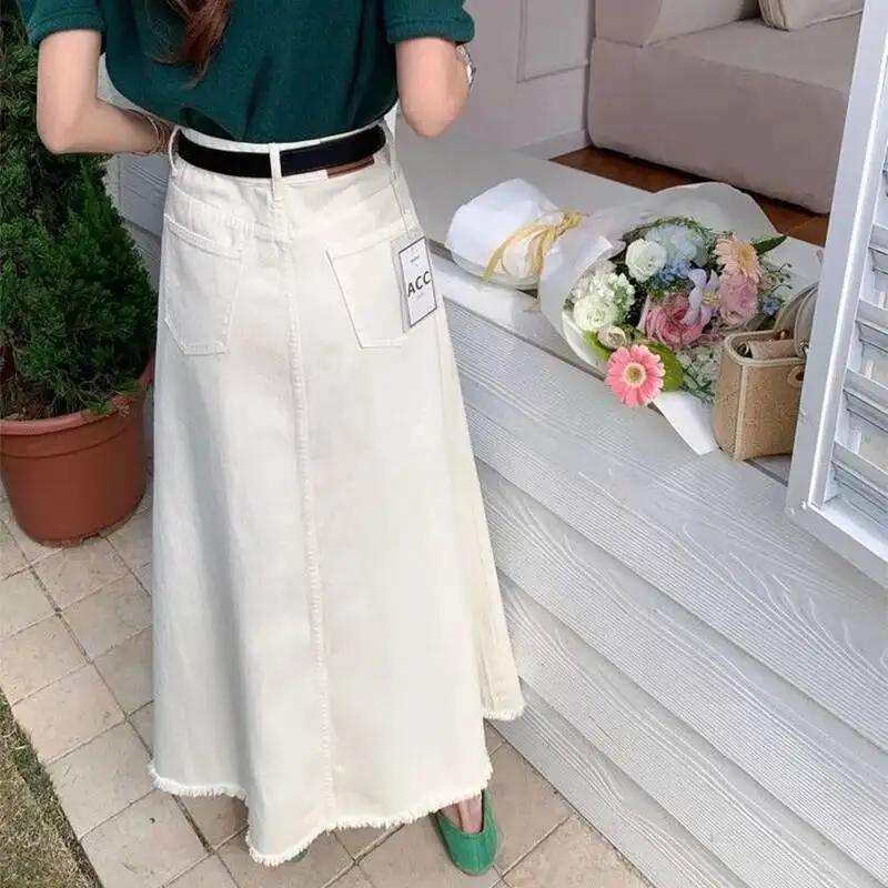 أنيقة عالية الخصر ألف خط طويل المرأة الخريف خمر حافة الخام الدنيم التنانير الكورية عادية كل مباراة فضفاض الأبيض تنورة سيدة #5