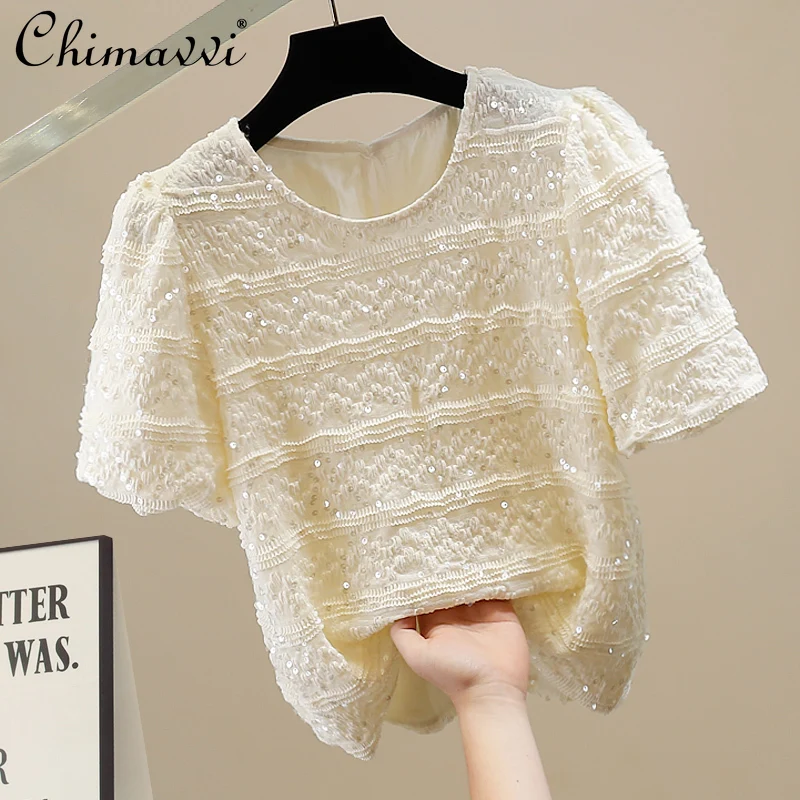 

Fashion Heavy Sequin Embroidery Crew Neck Short Sleeve Lace Shirt Summer Korean Sweet Girl Loose Temperament Skinny Top Women