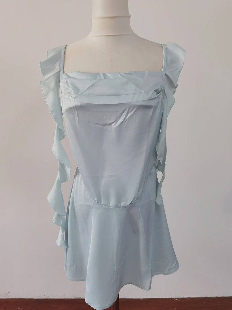 Robe à bretelles en Satin vert pour filles, douce et chaude, pour vacances d'été, bord à volants, ruban, ligne a, courte, vêtements féminins à la mode