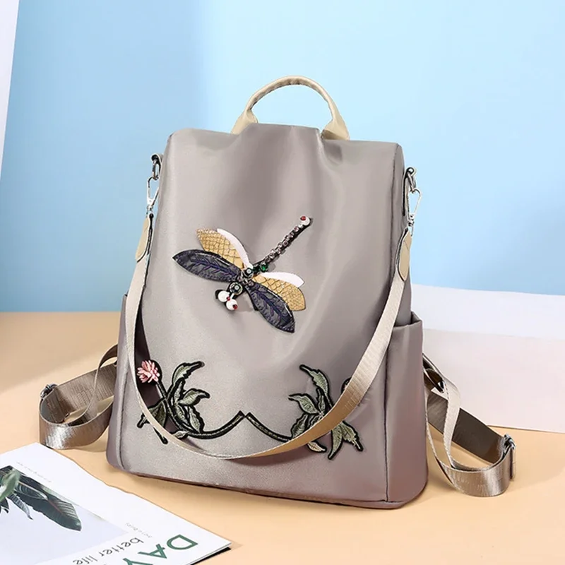 Fashion Embroidery Dragonfly Women Backpack High Quality Waterproof Oxford Shoulders Bag Female Casual Anti-theft Travel Handbag