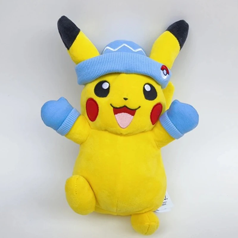 Pokemon plush with winter hat and mittens, 8 inch pikachu plush with unique, multicoloured accessory