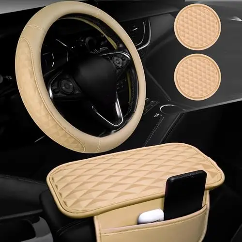 

CAR PASS 3D Rhombus Leather Steering Wheel Cover & Armrest Cushion Set – 4PC Beige Interior Accessories