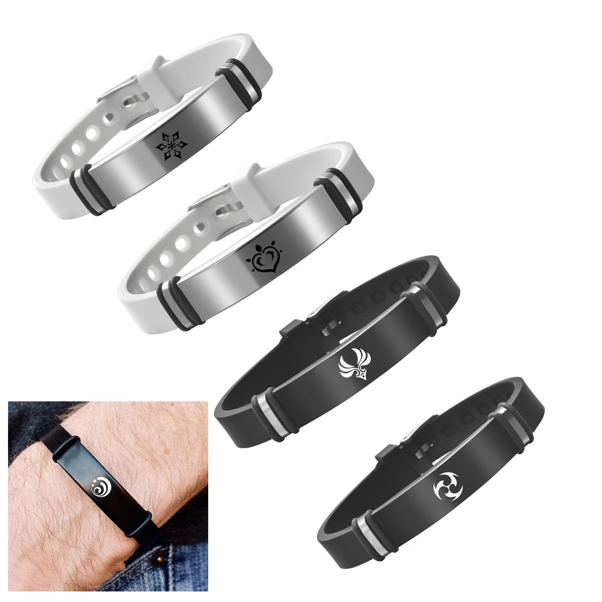 Genshin Impact Bracelet Eye of God Vision Water Wind Thunder Fire Rock Ice Element Stainless Steel Bangle Silicagel Jewelry Gift