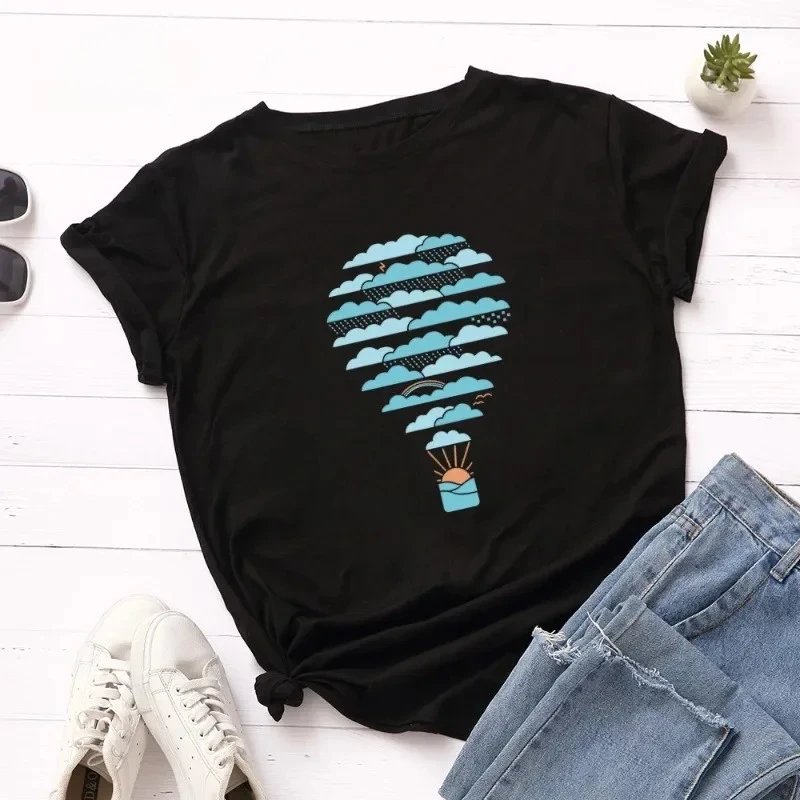 

Women Tee Shirts Woman Short Sleeve T-Shirt Weather Hot Air Balloon Print Summer Tshirt Female Tops Fashion Graphic T Shirts Y2K