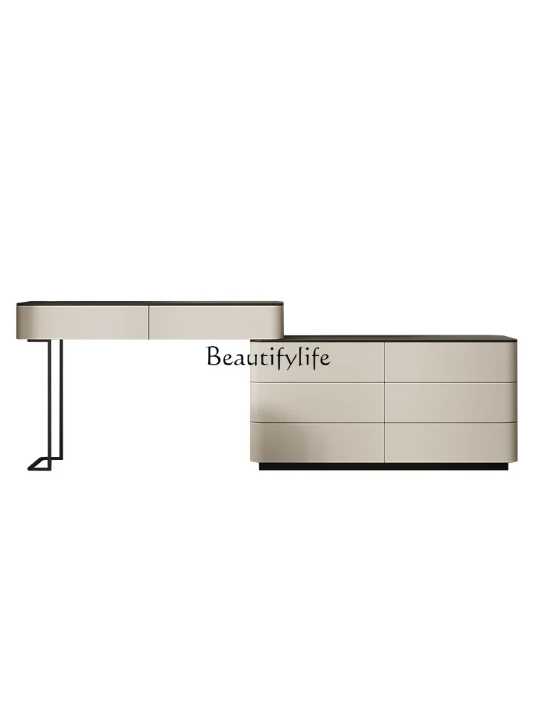 pg45Cream Style Dresser Storage Cabinet Integrated Solid Wood Stone Plate Saddle Leather Corner Makeup Table