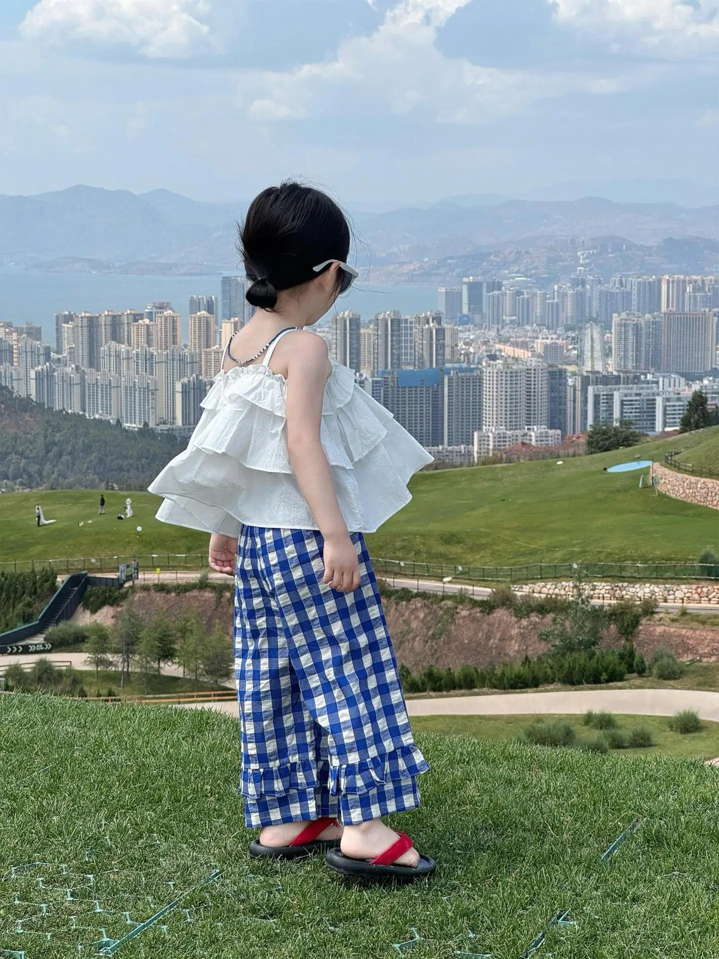 2026 summer girls Korean white strapless cake camisole+blue grid fungus edge pants legs wide leg pants