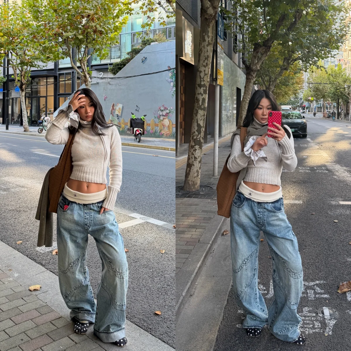 

Redm Straight-Leg Jeans Vintage Washed Blue Wide-Leg Pants Embroidered Jeans Ribbed Waistband Design Loose Vintage Pants Street Style High-Waisted Slimming Floor-Length Pants