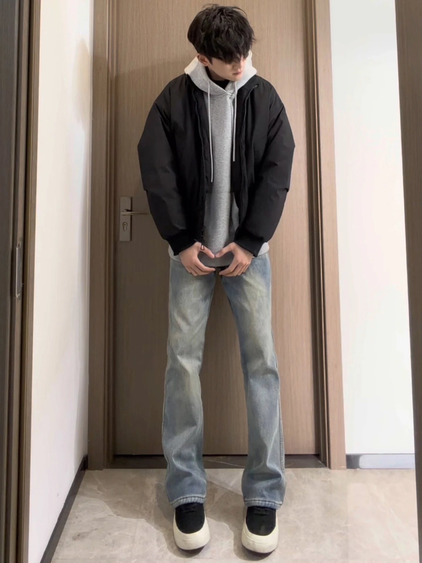 

Retro Blue Fce Lined Straight Leg Men's Jeans American Vibe Extended Length Slimming Knife Flared Long Trousers