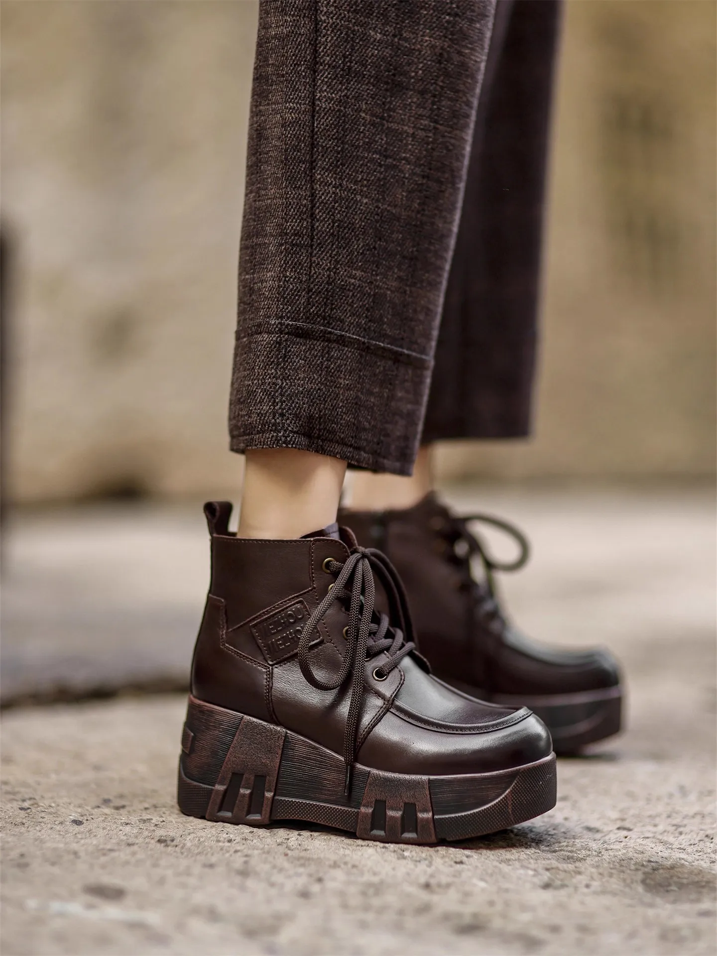 

GKTINOO Women Height Increasing Boots Handmade British Platform Genuine Leather Women's Shoes Lace-Up Ankle Boots For Women