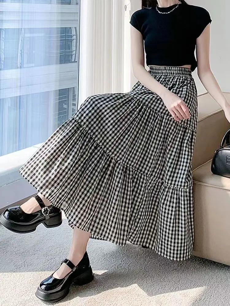 

Patchwork Tiered Skirt Women 2025 Summer Vintage Checkered High Waisted Elastic Waist Slimming Midi Skir
