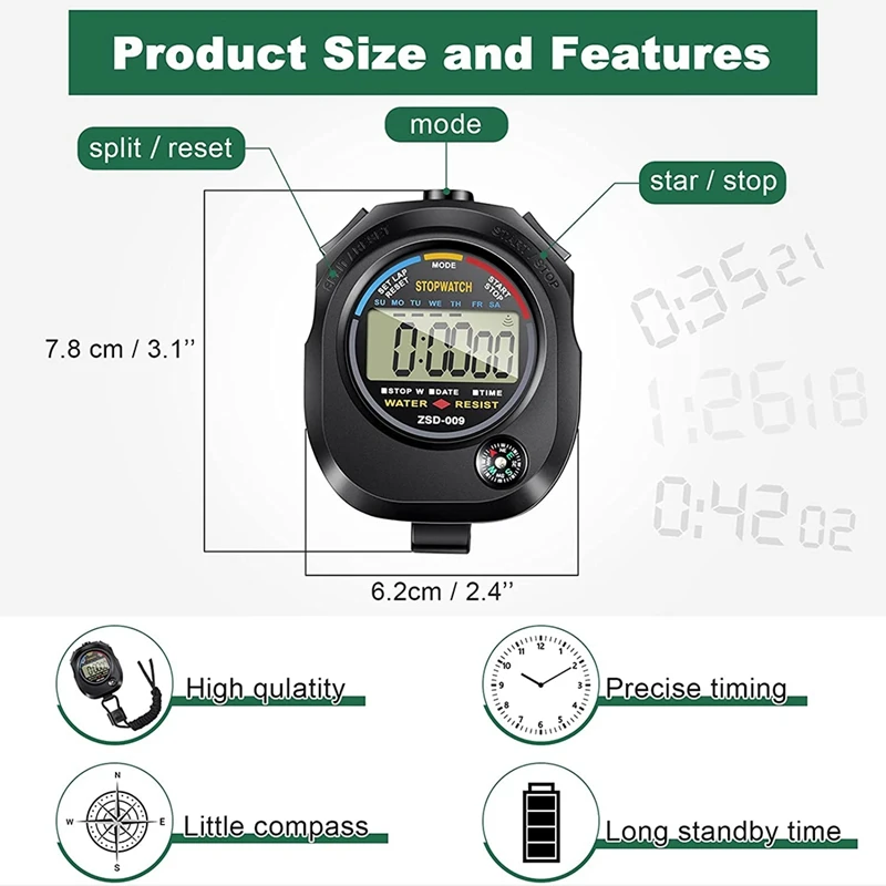 LUDA 24 Stopwatch Timers For Sports, Digital Stopwatch Waterproof Screen With Time Calendar Clock Function For Sports Coaches