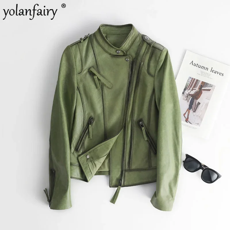 Veste en cuir véritable pour femmes, vêtements d'automne pour femmes, vestes de moto minces, col montant, pardessus vert court, FCY, 2023