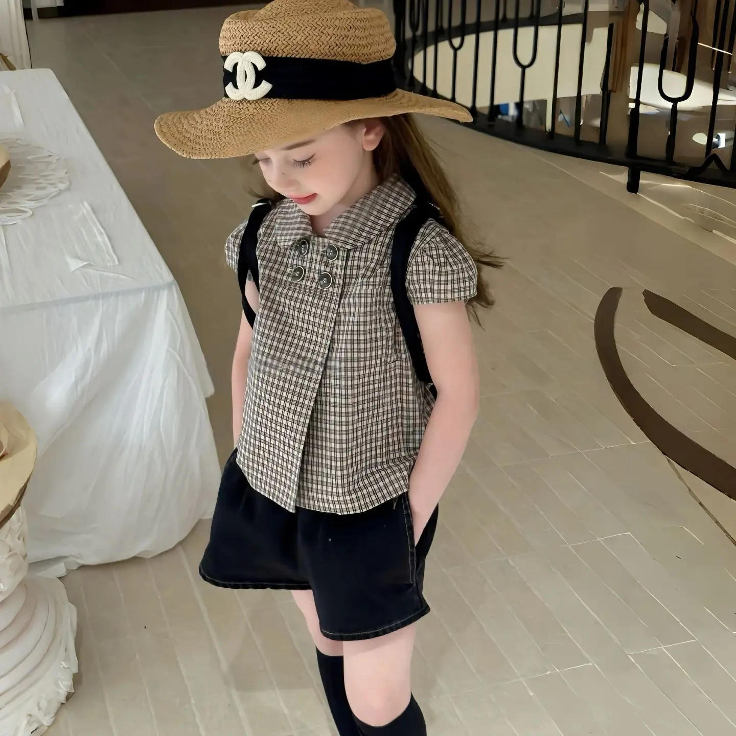 

Childrens Shirt 2026 Summer New Checkered Short Sleeved Doll Shirt Top Baby Set