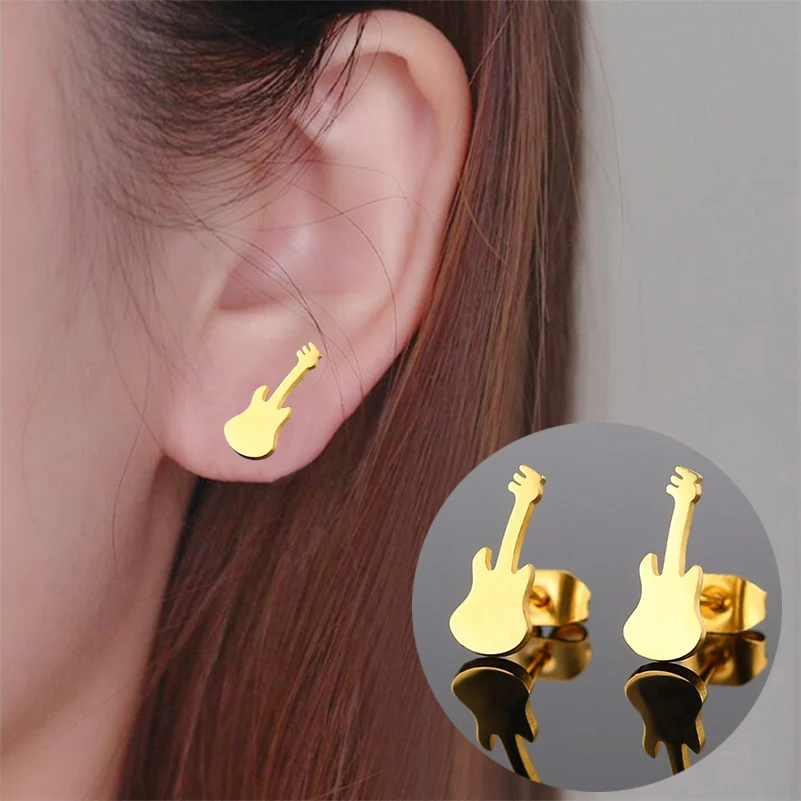 Tragus Piercing Cartilage Earring For Women Classic Guitar Musical Instrument Stainless Steel Note Stud Earrings Party Gift